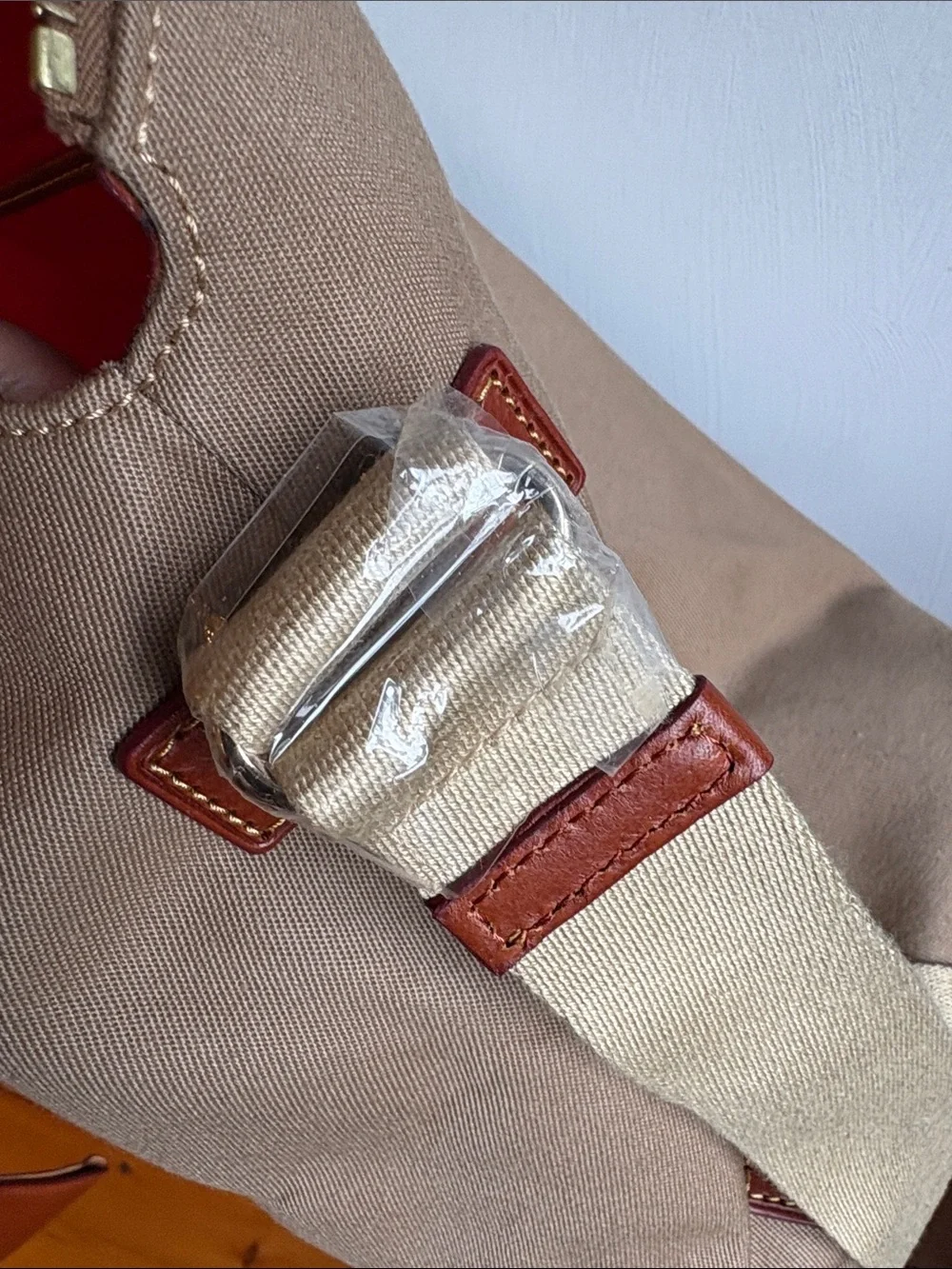 Dooney & Bourke Beige Canvas Duffel with Brown Leather Trim